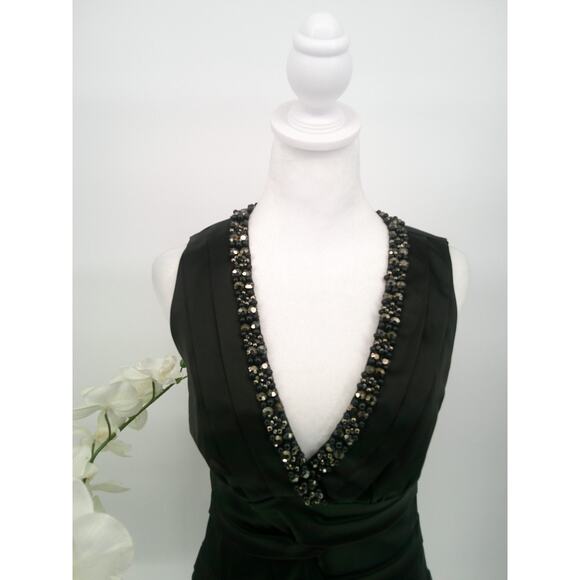 Cache Womens Ruched Cocktail Jeweled V-Neck Stretch Satin Bodycon Dress Size 10 - Picture 2 of 10